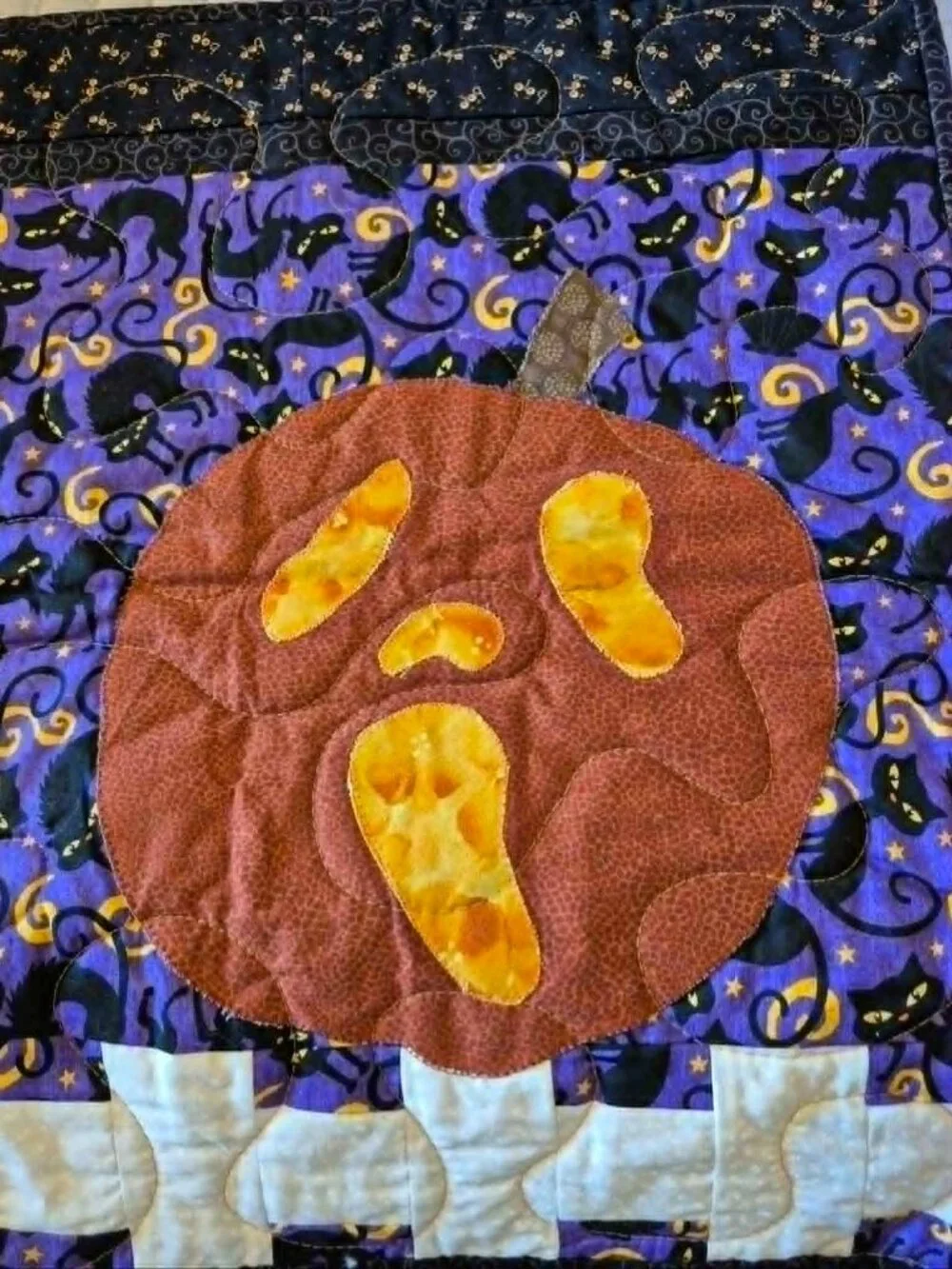 Very Vibrant Homemade Halloween Tapestry with Pumpkins and Black Cats